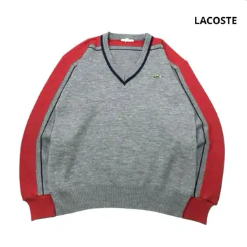 80s LACOSTE 니트 스웨터 로고 자수 그레이 V넥 4표기