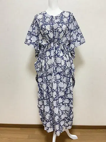 인도산 카프탄 원피스 핸드 블록 프린트 꽃무늬 릴랙스 의류