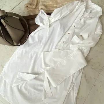 라운지 드레스 허리 리본 포함 화이트 셔츠 원피스 긴팔