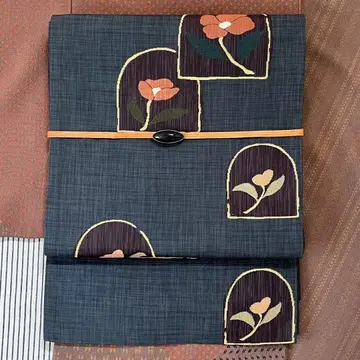 츠무기 샤레 후쿠로 오비 동백꽃 오나은색 육통 패턴 순수 실크