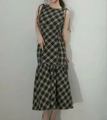 andmary Grenda ribbon long dress check M
