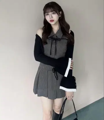 YUI 기획 슬리브리스 셔츠 미니 원피스 가디건