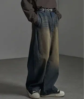 CIYOTO 빈티지 가공 커브 와이드 데님 팬츠 M 인디고 블루