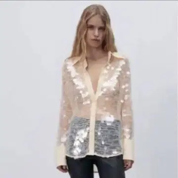 ZARA 자라 레어 세미 시어 스팽글 탑 셔츠 베이지 S