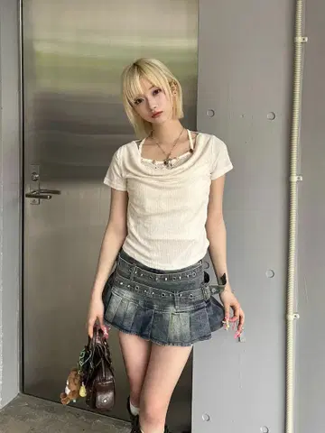 TRIFLE 더블 벨트 플리츠 데님 미니 스커트 데님 미니 스커트 블루