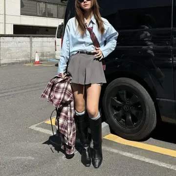 ACLENT 그레이 플리츠 미니 스커트