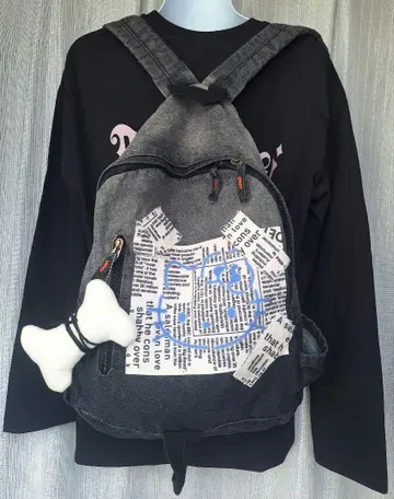 블랙 그레이 데님 백팩 키티
