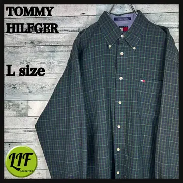 타미힐피거 자수 로고 긴팔 BD 셔츠 체크 무늬 짙은 녹색 L 5742