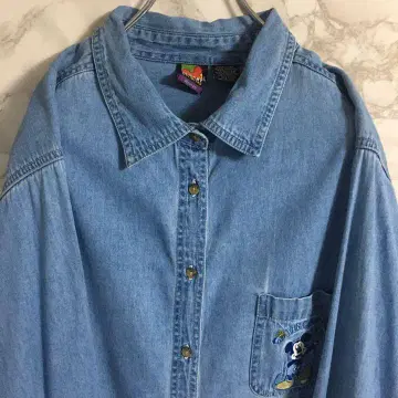 디즈니 미키 캐릭터 자수 원포인트 자수 데님 셔츠 파란색 L 상당