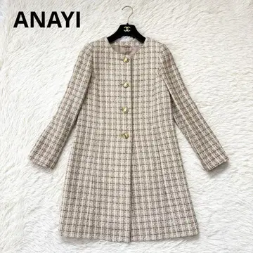 ANAYI 트위드 코트 노카라 골드 버튼 라메사 체크 무늬 울 혼방