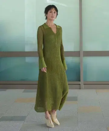 폴로 칼라 메쉬 편직 롱 원피스