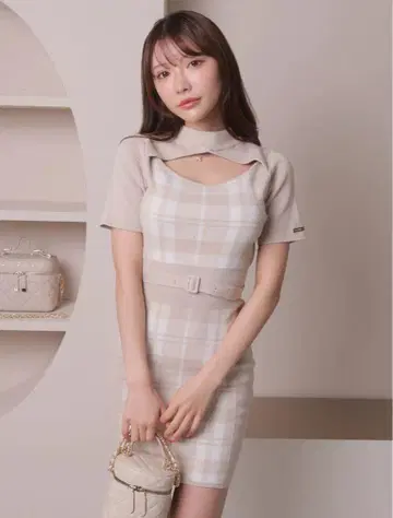 LIP SERVICE 체크 자카드 데콜테 오픈 원피스