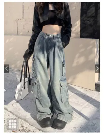 그레이 데님 카고 팬츠 와이드 레그