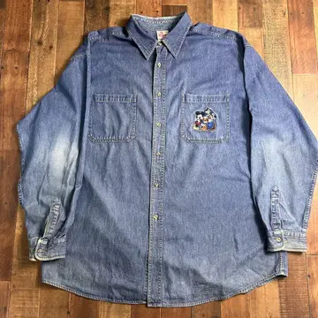 최고 디자인 90s 디즈니 미키마우스 자수 빅 데님 셔츠