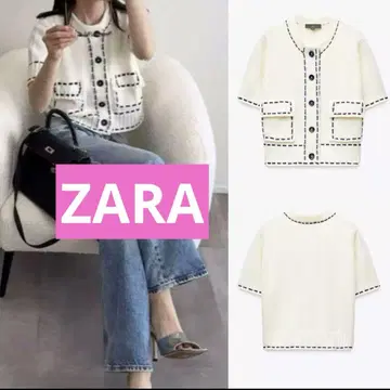 [ 완판템 ] ZARA 스티치 숏 슬리브 니트 자켓 화이트