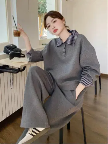 그레이 스트라이프 옷깃 맨투맨 셋업