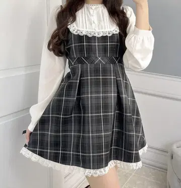 evelyn 하트 버튼 체크 미니 원피스
