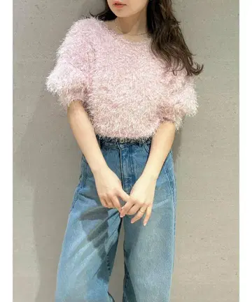 릴리 브라운 프린지 페더 니트탑 핑크