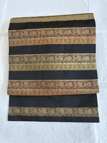 순수 실크 9촌 나고야 오비 가로 단 포도 담쟁이덩굴 문양 금실