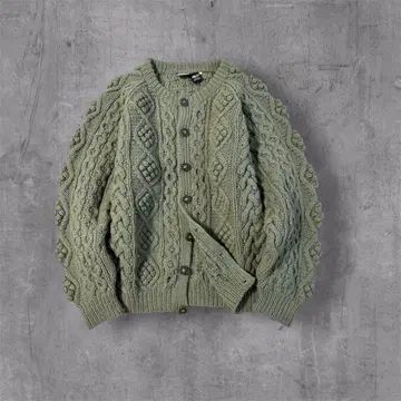 케이블 니트 크루넥 가디건 빈티지 버튼 그린 올리브