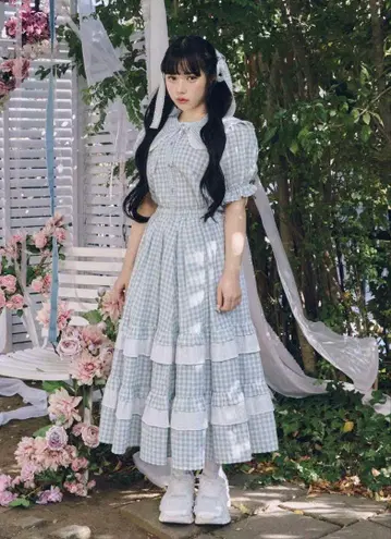 merry jenny 깅엄 레이스 플레어 스커트