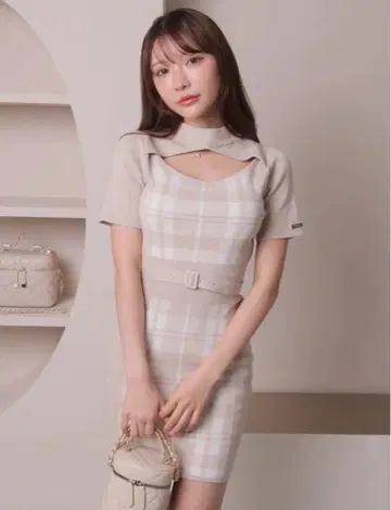 LIP SERVICE 체크 자카드 데콜테 오픈 원피스