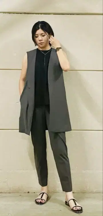 PLST 하이 스트레치 트리코트 미들 베스트 팬츠 셋업 M