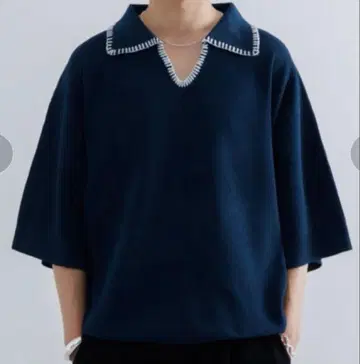 SINSS 스티치 니트 피케 셔츠 블루