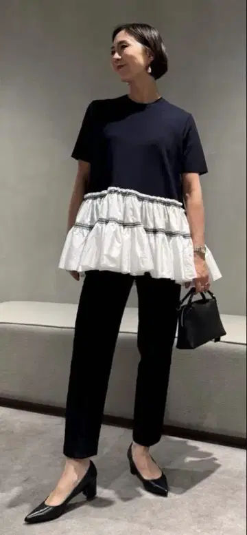 유나이티드 애로우즈 엠브로 티어드 콤비 하프 슬리브 니트 반팔