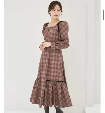 어깨 벨로아 리본 포함 체크 원피스