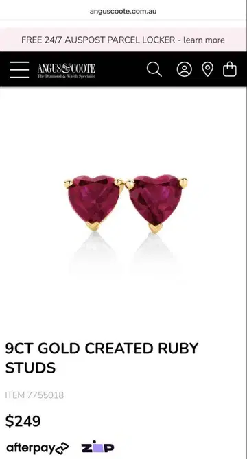 ANGUS & COOTE 하트 루비 귀걸이 새상품