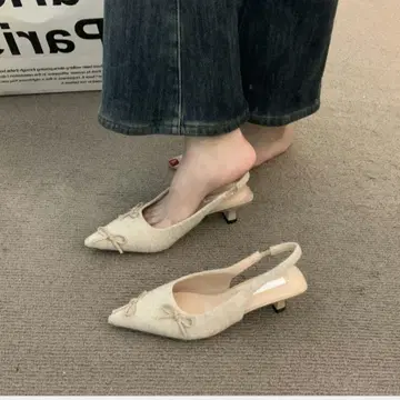 베이지 리본 펌프스 23cm 밴딩 스트랩 펠트 한국