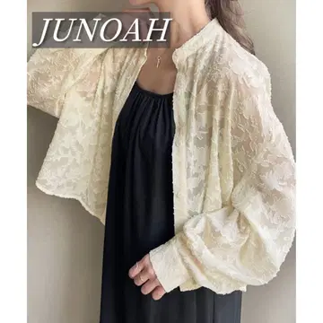 JUNOAH 스탠드 카라 시어 자카드 숏 셔츠 아이보리 긴팔
