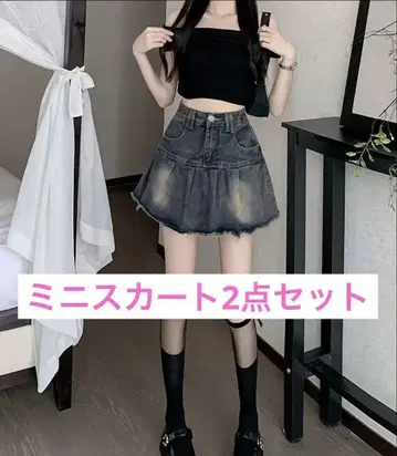 미니 스커트 2세트 데님 플리츠