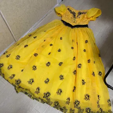 옐로우 컬러 꽃무늬 자수 웨딩 드레스 코스프레 디즈니