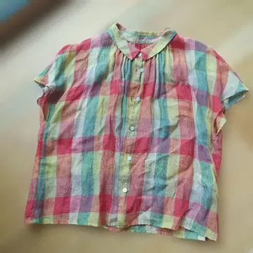 군겐도 넨넨 린넨 멀티 컬러 체크 반팔 셔츠