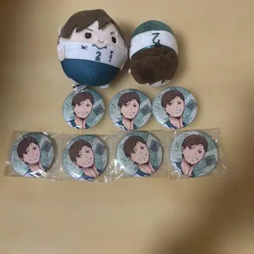 후타쿠치 켄지 봉제 인형과 캔뱃지 7개