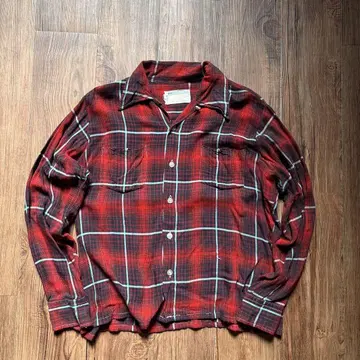 J.C.Penney 70s 레이온 셔츠 오픈 카라 빨간색 x 스카이블루