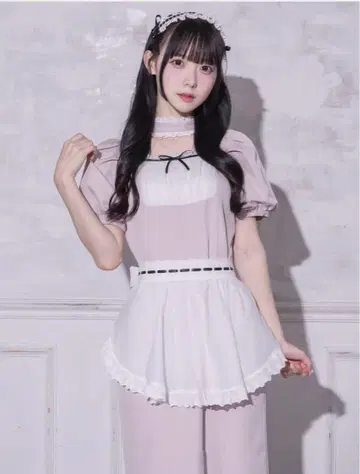 Pium 초커 프릴 롱 카페 원피스 핑크 셋업