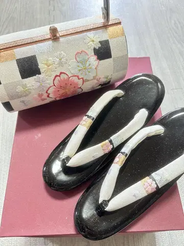 [ 새상품급 ] 블랙 조리 와 꽃무늬 일본 의류용 백 세트