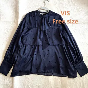 VIS 플로키 도트 드레이프 타이 블라우스 네이비 Free