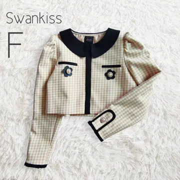 숏 기장 자켓 깅엄 체크 베이지 펄 꽃 / Swankiss