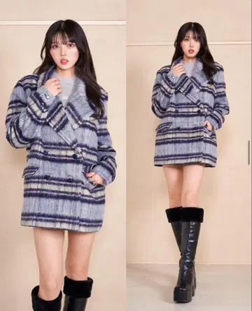 Darich 체크 기모 미들 기장 코트 네이비 블루