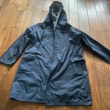 네이비 후드 부착 코트 안감 깅엄 체크