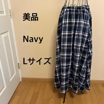 [새상품급] Navy//롱 스커트/플레어 스커트/체크/허리밴딩