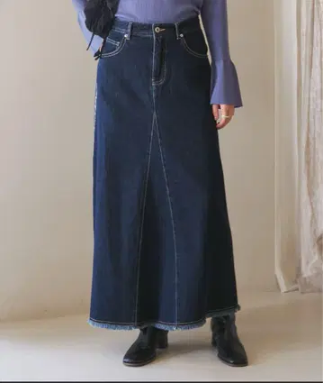데님 프린지 롱 스커트