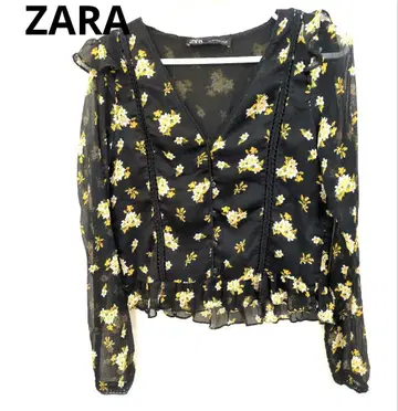 ZARA 시어 쉬폰 플럼 블라우스 플라워 프린트