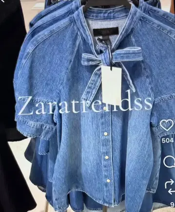 택 포함 [ 완판템 ] ZARA 데님 블루 리본 포함 반팔 셔츠