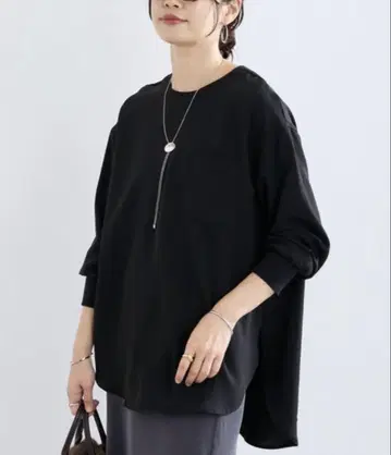 리브 드와 조젯 포켓 블라우스 T셔츠 롱T 블라우스 블랙