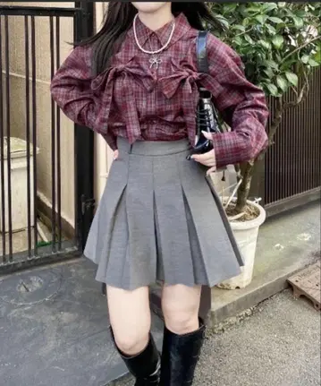 nemne store 체크 무늬 개더 리본 블라우스 M